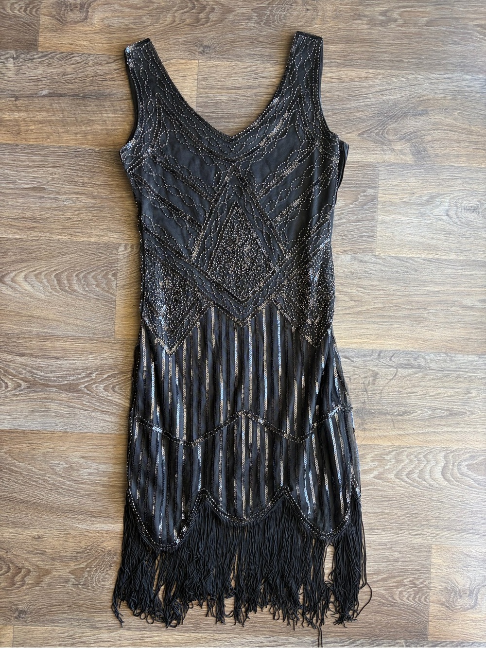 Black beaded fringe flapper dress gatsby art deco sequin mesh party dress xs